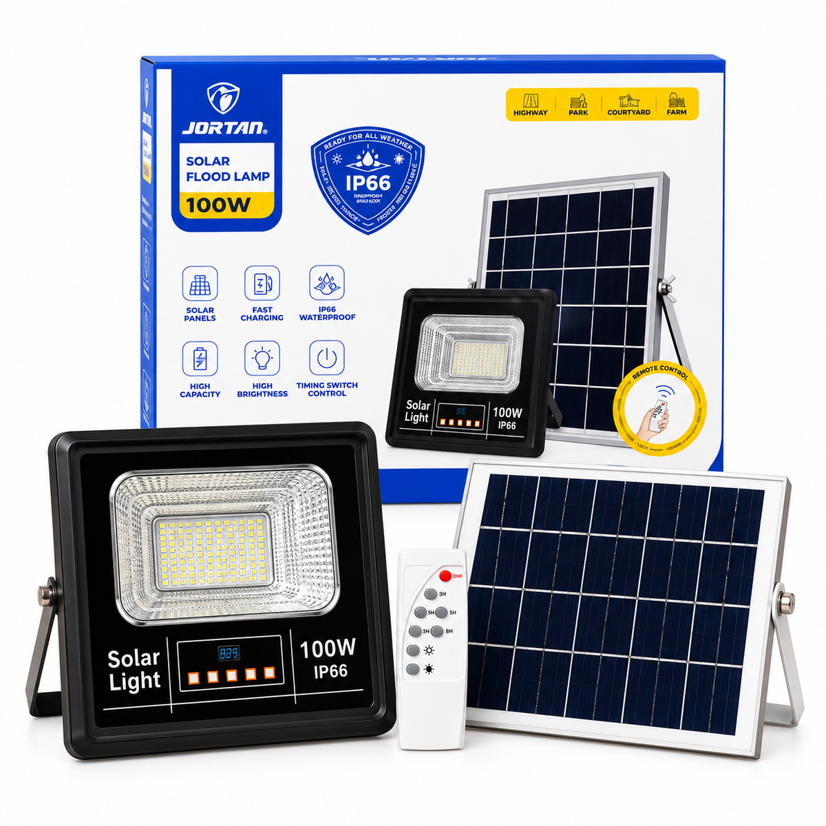 Reflector LED Solar Jortan 100W IP66 con Panel Solar y Control Remoto