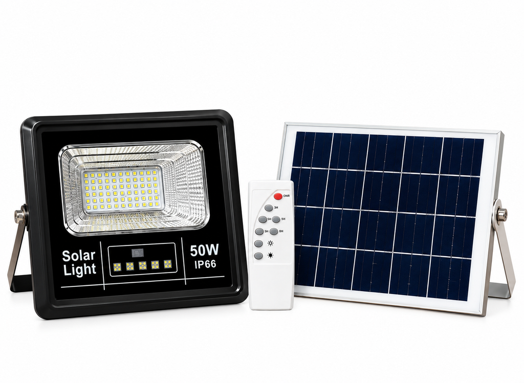 Reflector LED Solar Jortan 50W IP66 con Panel Solar y Control Remoto