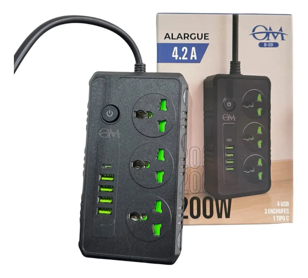Alargue 3 Tomas + 4 Usb 3.0 + 1 Tipo C 220v Marca om