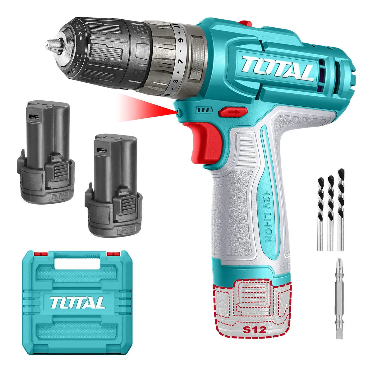 Taladro Total 12V 1500RPM Inalámbrico Con Maletín