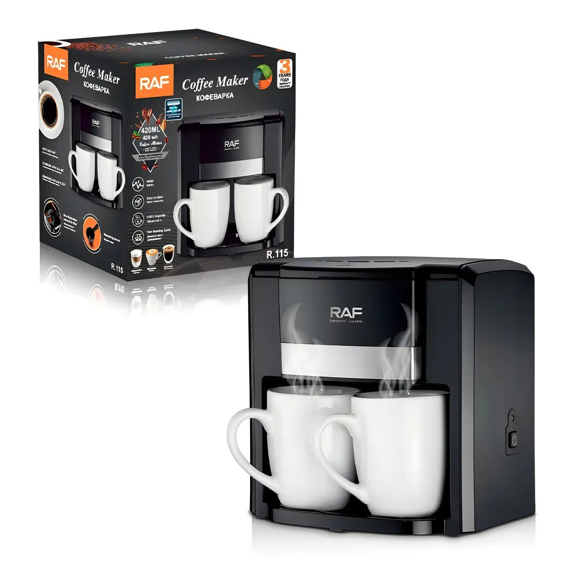Cafetera Eléctrica Raf + 2 Tazas Color Negro
